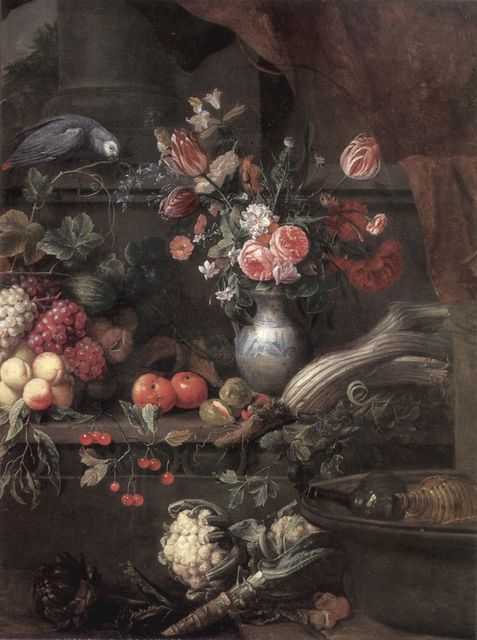 Anonimo — Mignon Abraham - sec. XVII - Natura morta con vaso di fiori, frutta, ortaggi, pappagalli e scimmia — particolare